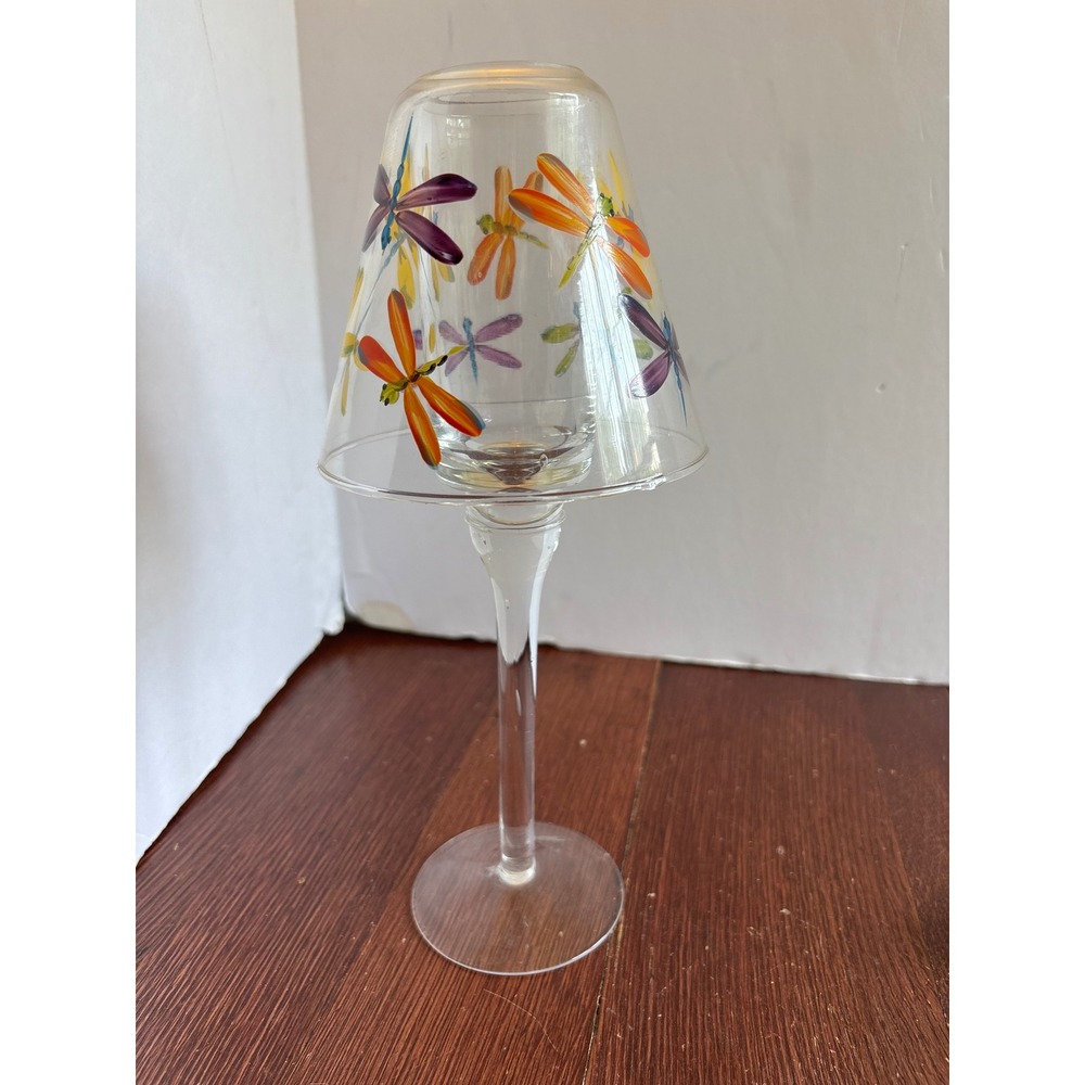 Hand Painted Dragonfly Glass Candle‎ Holder 2 Piece Pedestal Lamp 10.5in